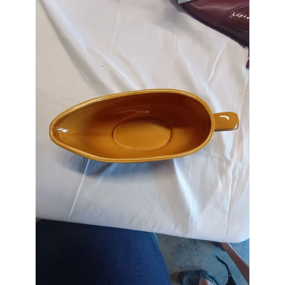Lucerne Foods Yellow Ceramic Gravy Boat Beaded Trim Amber Mustard Sauce Pitcher